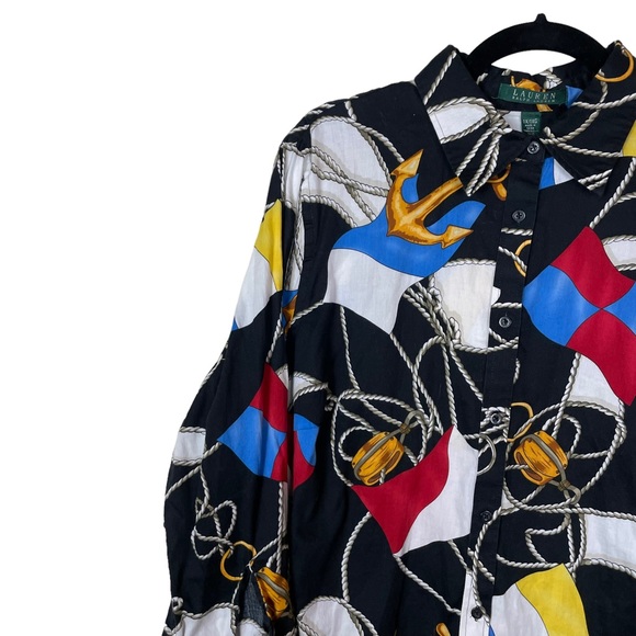 Vintage LRL Nautical Gaudy Busy Allover Button-down Blouse 3/4 Flowing Sleeve 1X - Picture 4 of 15